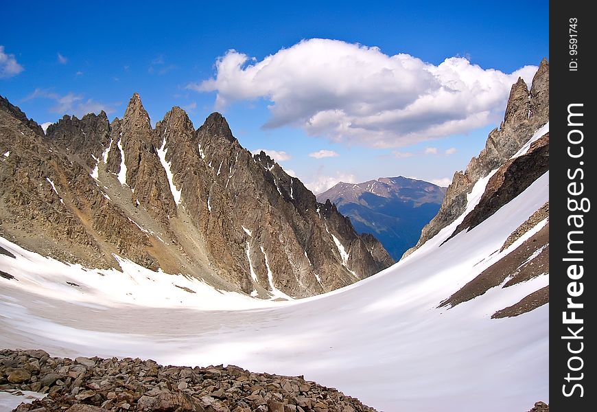 High in the mountains in winter on a clear day. High in the mountains in winter on a clear day