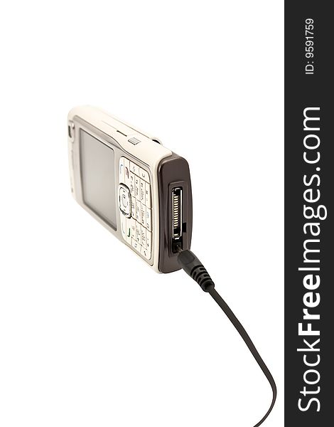 Charged mobile phone on a white background