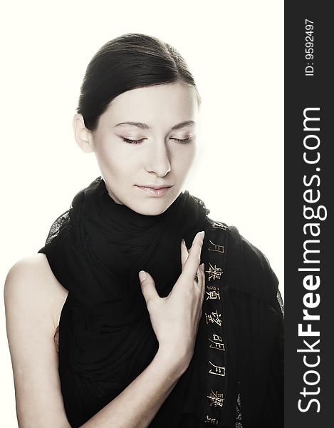 Portrait of  pretty young woman in  black scarf. Portrait of  pretty young woman in  black scarf