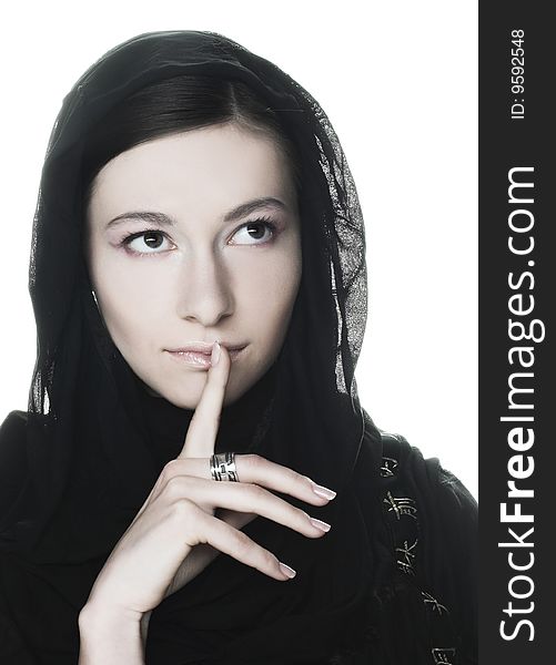 Portrait of  pretty young woman in  black scarf. Portrait of  pretty young woman in  black scarf