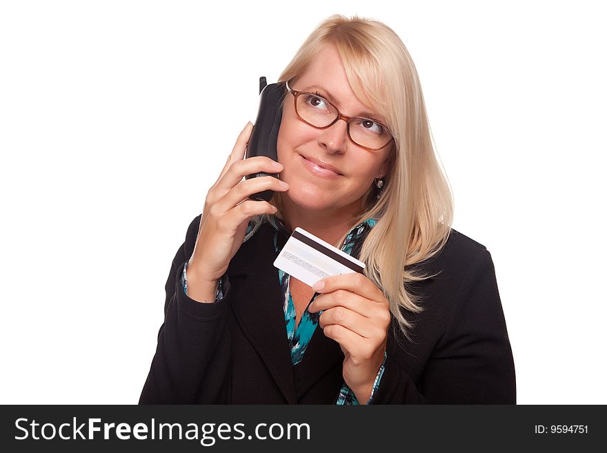 Beautiful Blonde Woman with Phone and Credit Card Isolated on a White Background.