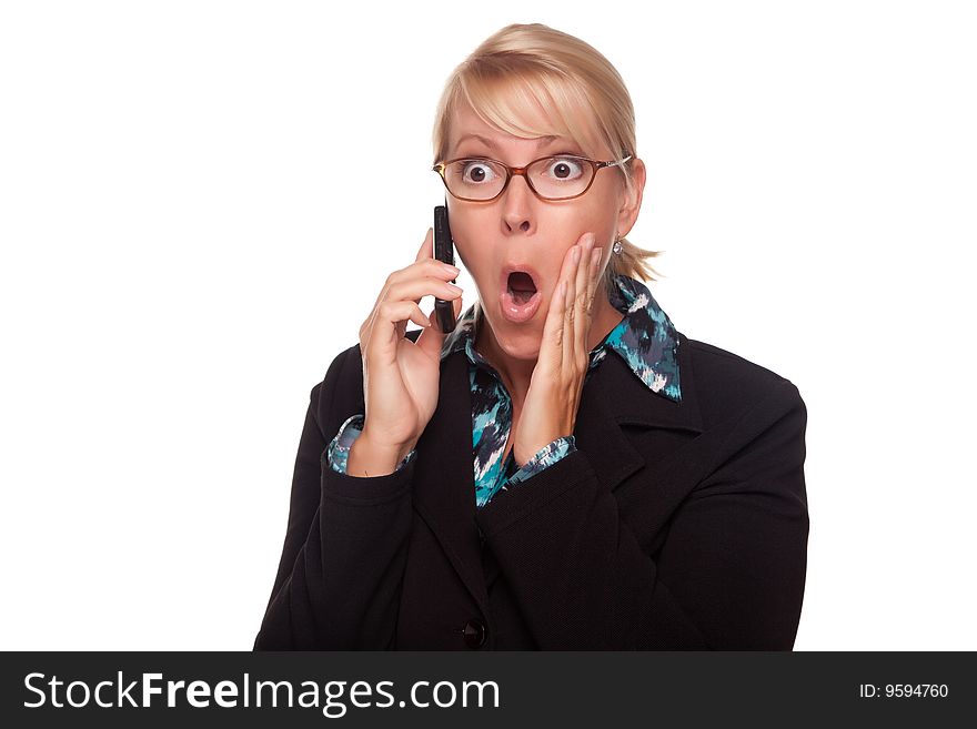 Blonde Woman Shocked on Cell Phone