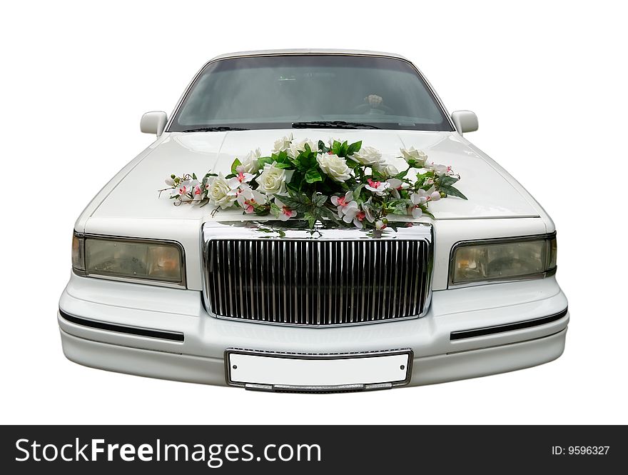 The wedding car decorated with flowers isolated on a white background