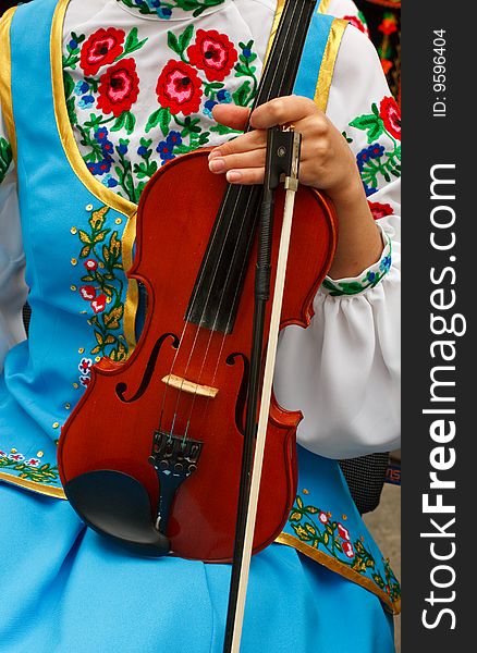 Violin in hands at the girl dressed in the Ukrainian national clothes