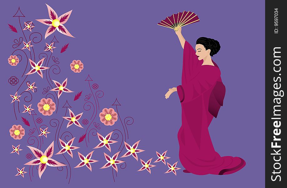 Illustration of abstract floral ornament and beautiful woman in kimono