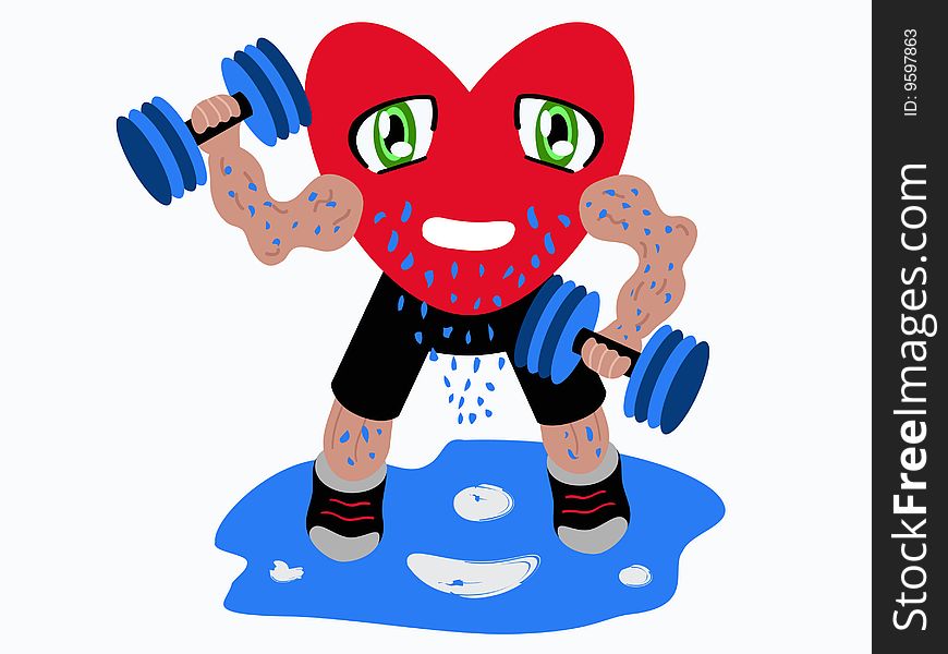 Red heart sweating on the effort to lift weights. Red heart sweating on the effort to lift weights
