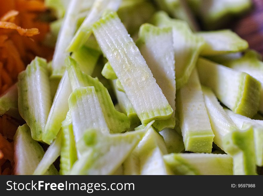 Macro shot of sliced zucchini with shallow depth of field