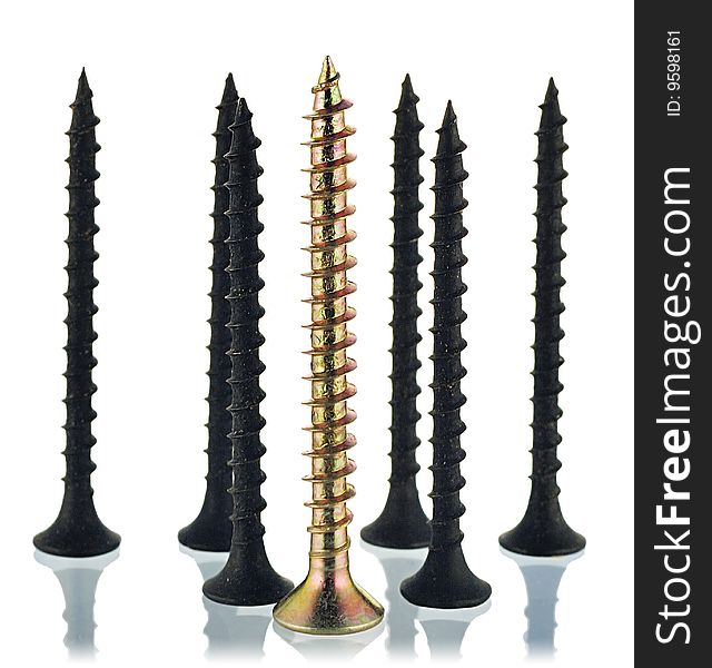 Group of black screws and one brass angled screw. Group of black screws and one brass angled screw