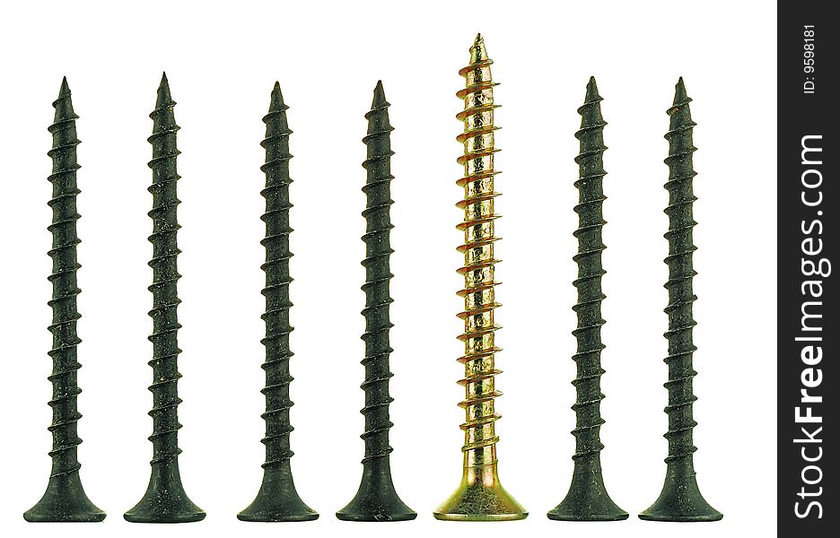 Group of black screws and one brass angled screw. Group of black screws and one brass angled screw