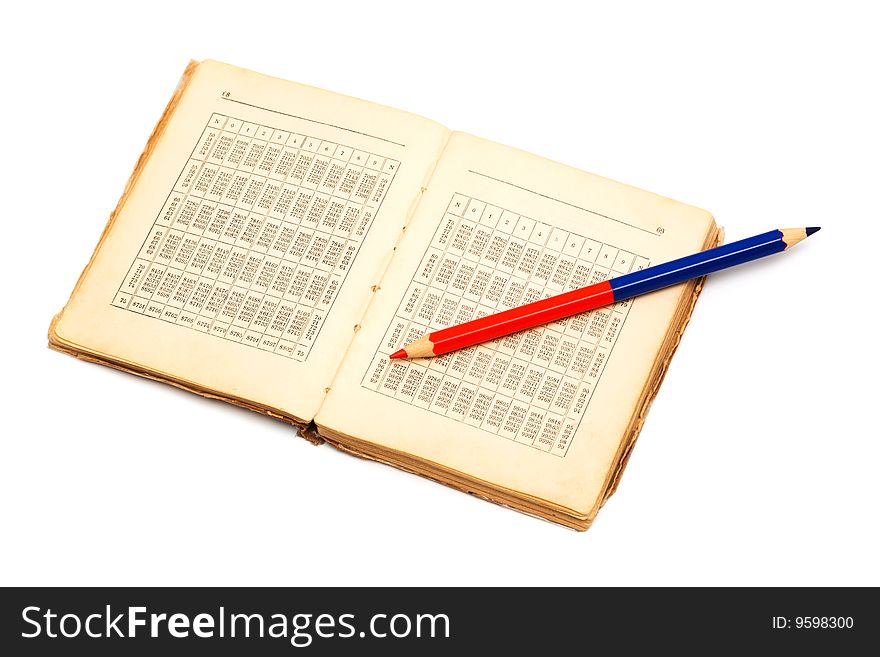 Book with numbers and a pencil on a white background. Book with numbers and a pencil on a white background