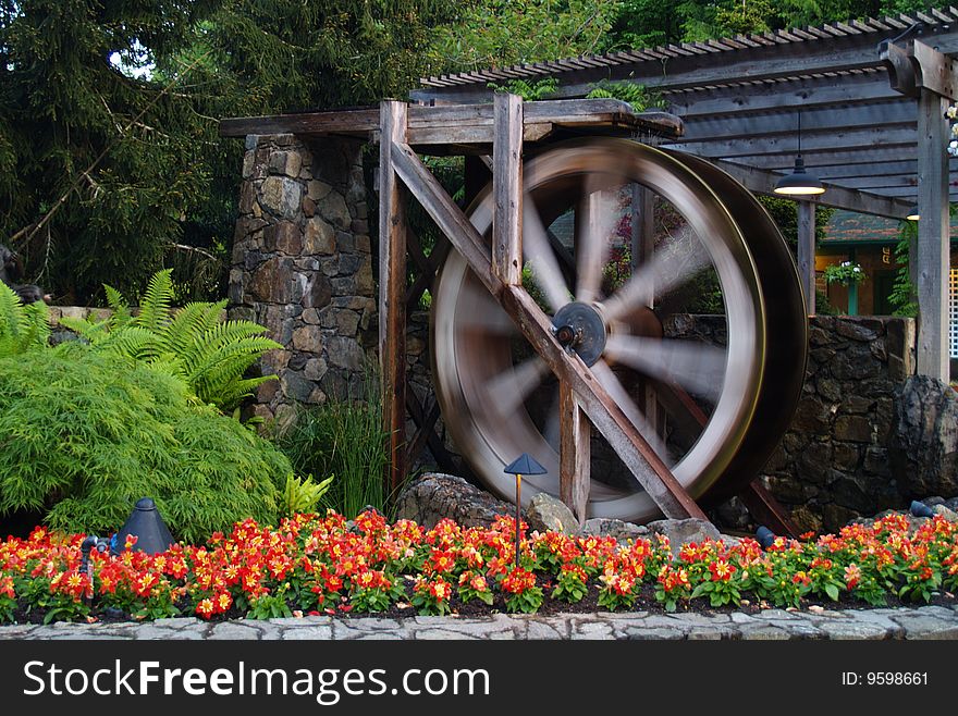 This is a water wheel at the entrance to Butchart Gardens in Vicoria, B.C.