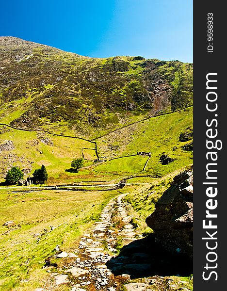 Path in Wales with walls and green fields and blue sky. Path in Wales with walls and green fields and blue sky