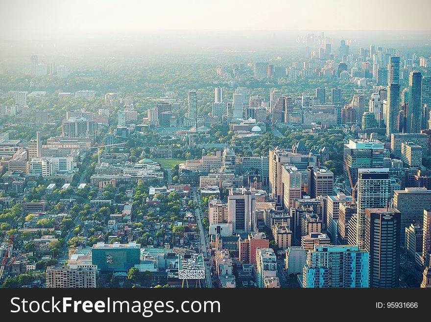 Aerial over city skyline with smog or fog in daytime. Aerial over city skyline with smog or fog in daytime.