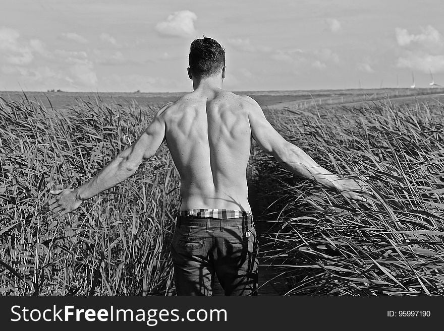 Farmer dressed only in shorts arms extended checking his cereal crop for pests or for proximity to harvest,. Farmer dressed only in shorts arms extended checking his cereal crop for pests or for proximity to harvest,.