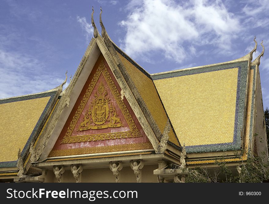 Royal emblem on the gable of a roof in Cambodian Royal Palace in Phnom Penh. Royal emblem on the gable of a roof in Cambodian Royal Palace in Phnom Penh.