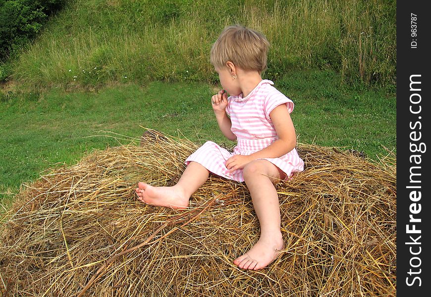 Young girl playing on a hayrack. Young girl playing on a hayrack