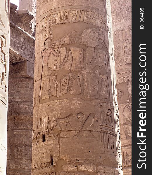 Columns of Hypostyl hall, hieroglyphs details in temple of Amun at Karnak, Egypt, Africa