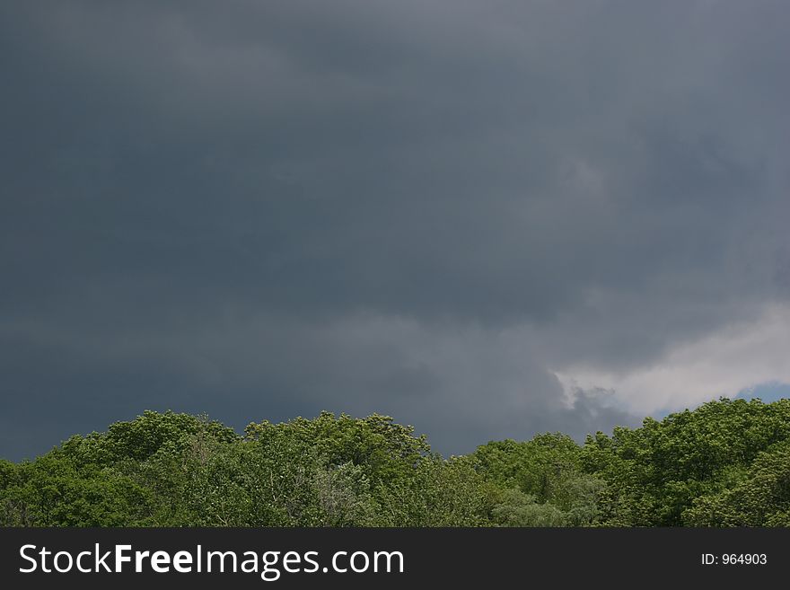 Dark skies taking over above trees- storm to come. Dark skies taking over above trees- storm to come