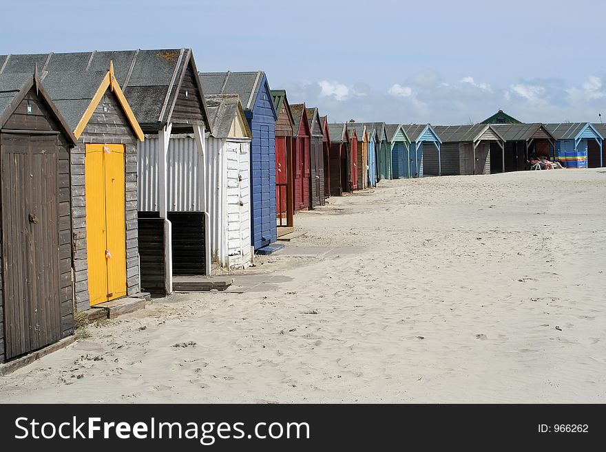 Long line of huts on Sussex Coast. Long line of huts on Sussex Coast