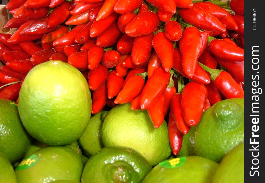 Red peppers and limes. Red peppers and limes