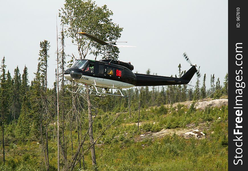 A helicopter landing in  a clearing in the woods