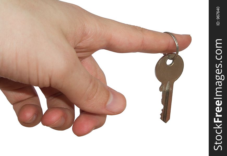 Hand with key on white background, clipping path embedded. Hand with key on white background, clipping path embedded