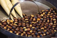 Roasted Colorful Chestnuts In Street Cafe Stock Images
