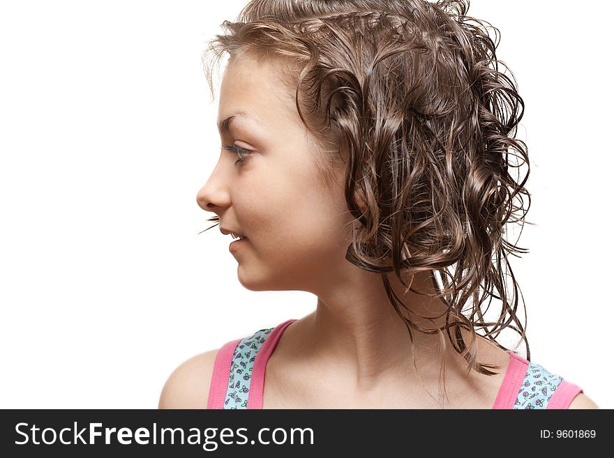 Beautiful girl with wet hair in profile. Beautiful girl with wet hair in profile