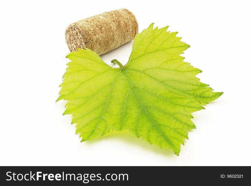 Cork with leaf  on a white background