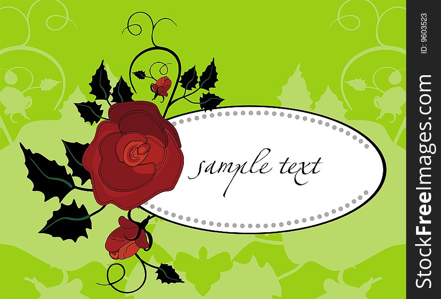 Vector drawing of an art frame with rose on the bright green background