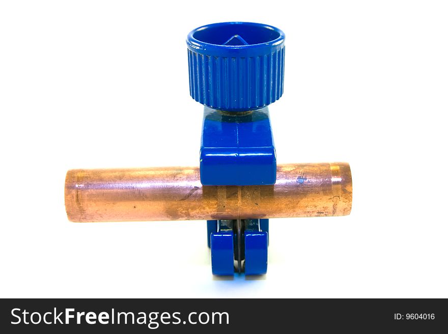 Single blue pipe cutter standing on it's end with pipe on a white background. Single blue pipe cutter standing on it's end with pipe on a white background