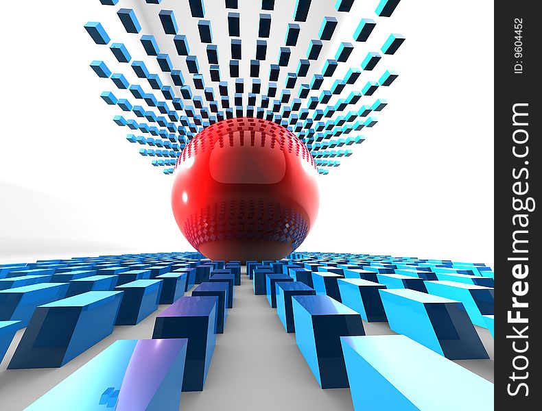 Red Ball with blue cubes on white background. Red Ball with blue cubes on white background