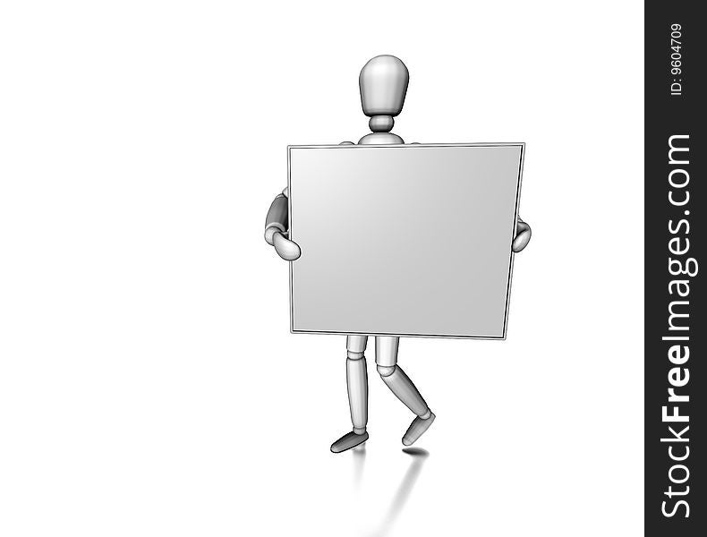 Figure holding sign on white background. Figure holding sign on white background