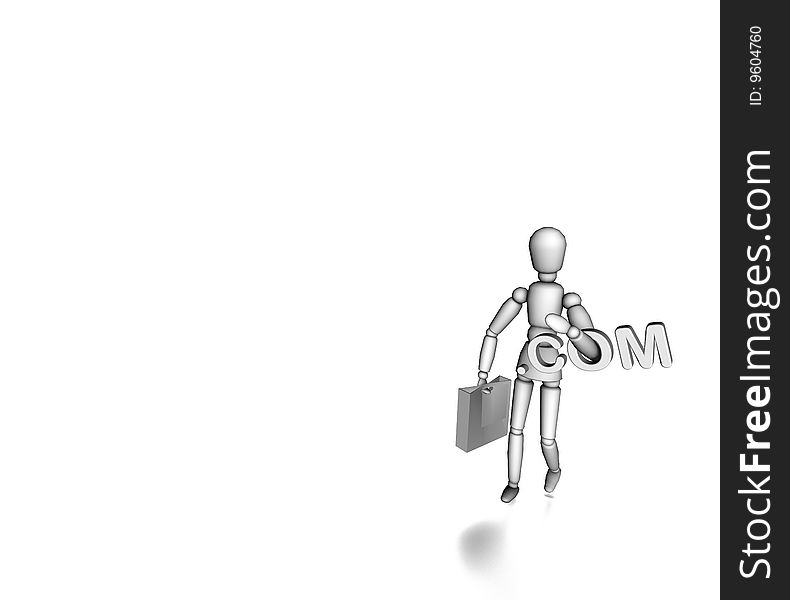 Figure holding dotcom sign and shopping bag. Figure holding dotcom sign and shopping bag