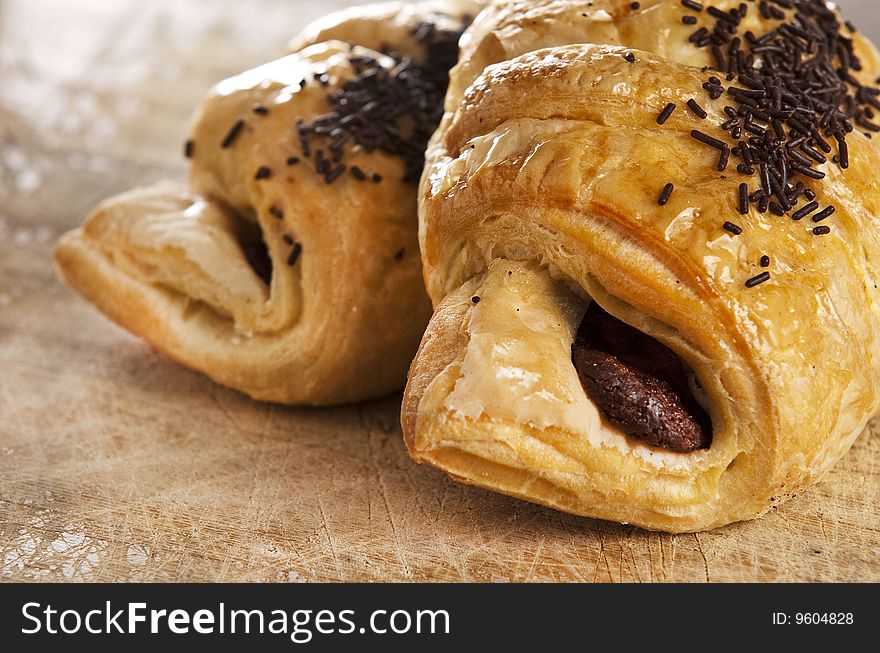 A couple of delicious chocolate croissants