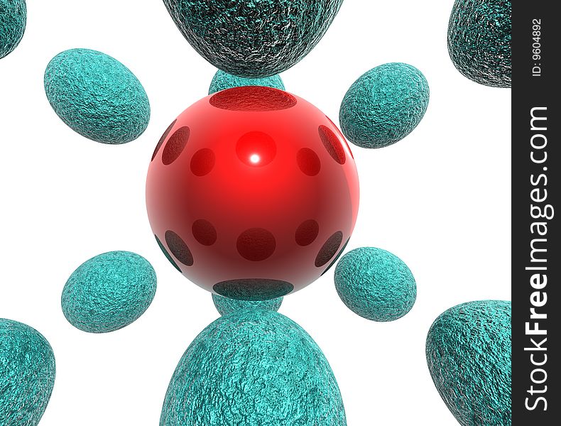Red ball in white space and green balls. Red ball in white space and green balls