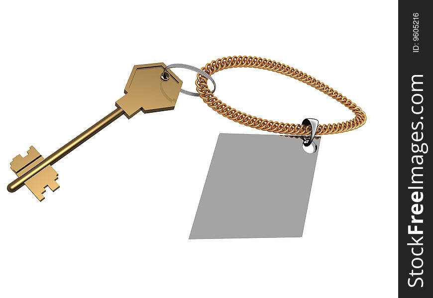 Metallic key with key ring on golden chain. Metallic key with key ring on golden chain