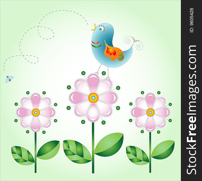 Bird on flowers, vector illustration