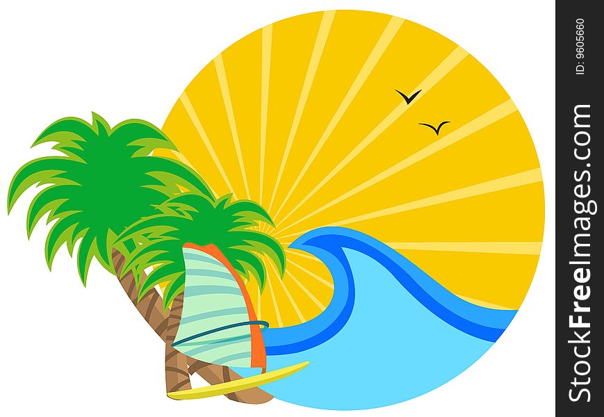 Vector illustration of insignia with Sunrise on the tropical ocean coast. Vector illustration of insignia with Sunrise on the tropical ocean coast