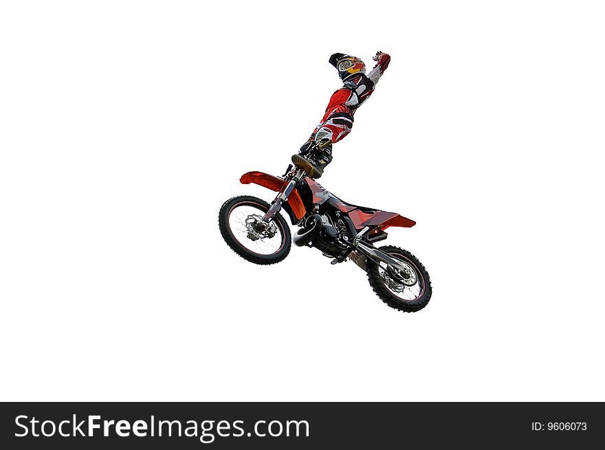 Motocross rider performing dangerous jumps with his bike isolated on white. Motocross rider performing dangerous jumps with his bike isolated on white.