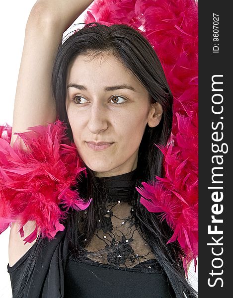 Girl holding a scarf made of red feathers