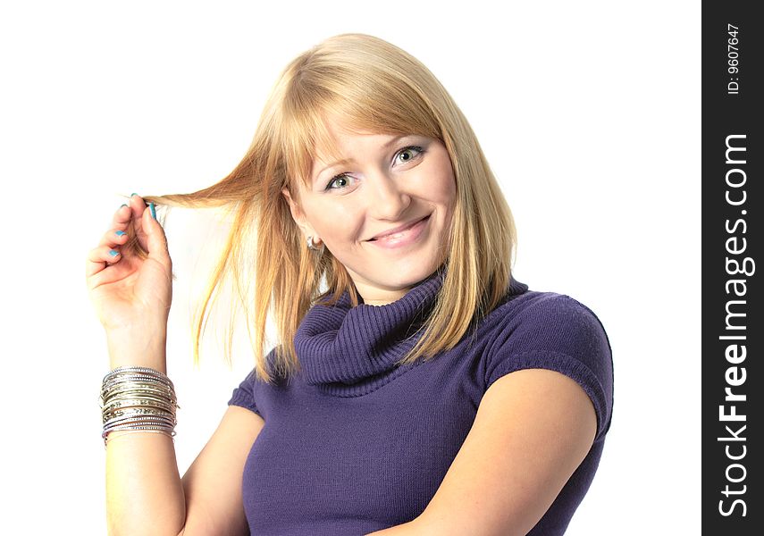 Playful blond woman isolated on white background