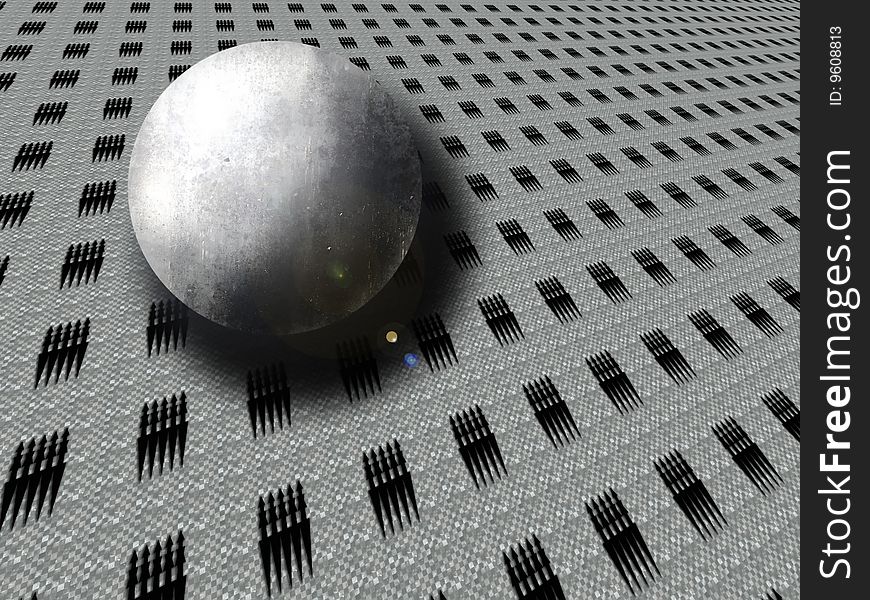 A stone sphere rolls on grey background to direction of pointers