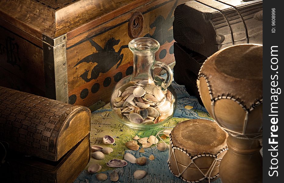 Marine still life with sea shells and chests. Marine still life with sea shells and chests