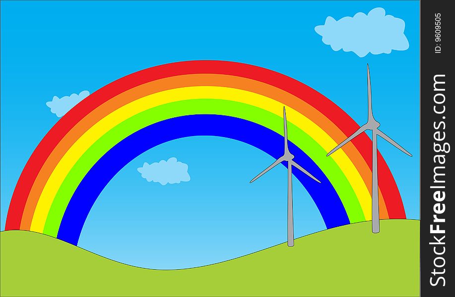 Illustration of a landscape with a rainbow