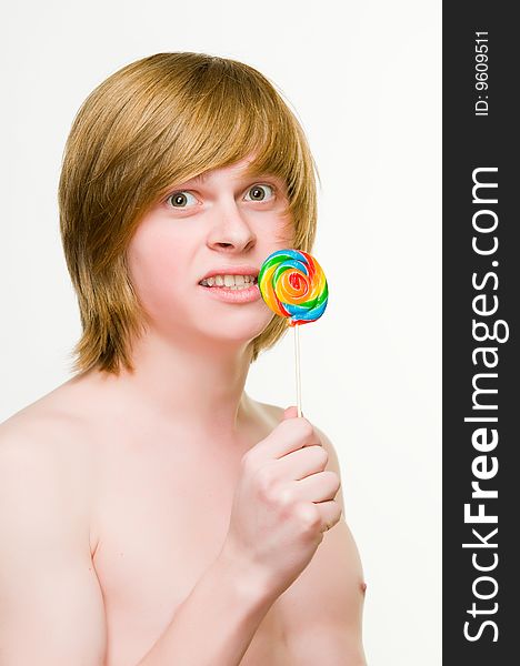 Funny man with lollipop, isolated on white background