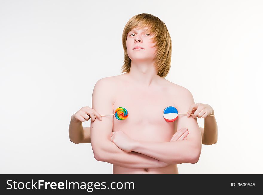 Red-haired man with lollipops, isolated on white background