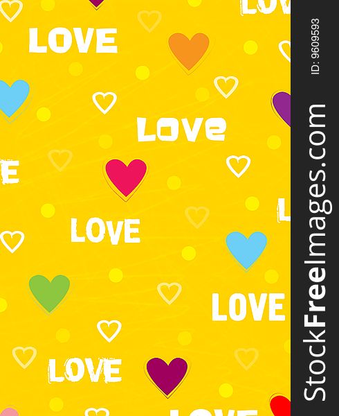 Colour background with hearts, circles and text,  illustration