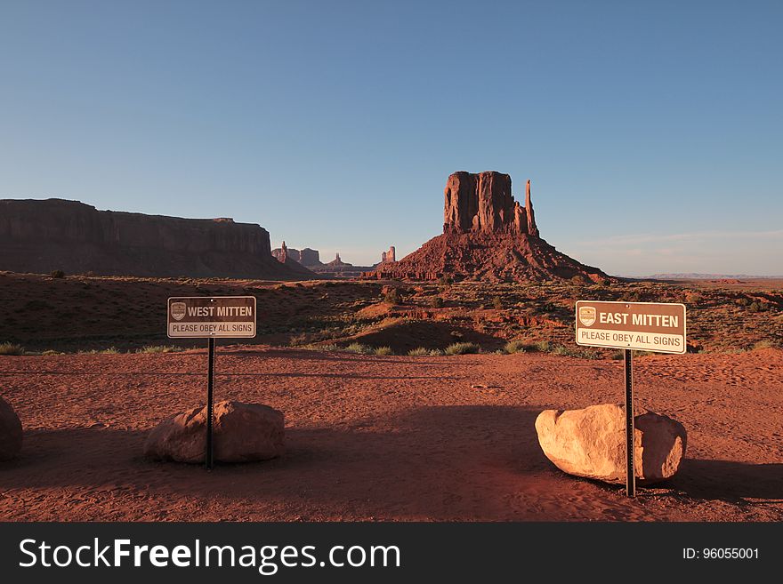 The West and East Mitten Buttes in the Monument Valley Navajo Tribal Park in northeast Navajo County, Arizona.