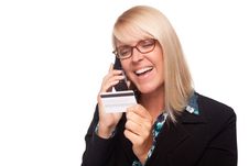 Beautiful Blonde Woman With Phone And Credit Card Stock Photography